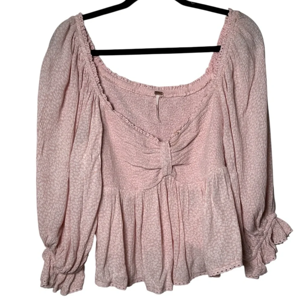 FREE PEOPLE‎ Brittnee Print Smocked Peplum Top In Pink Lotus